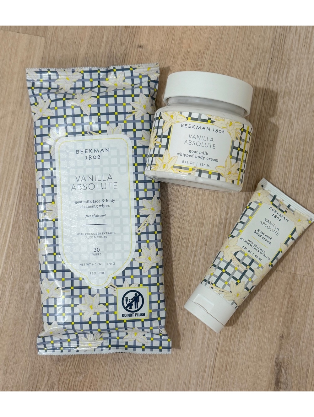 Beekman 1802 Vanilla Absolute Goat Milk Cleansing Wipes, Body Cream & Hand Cream